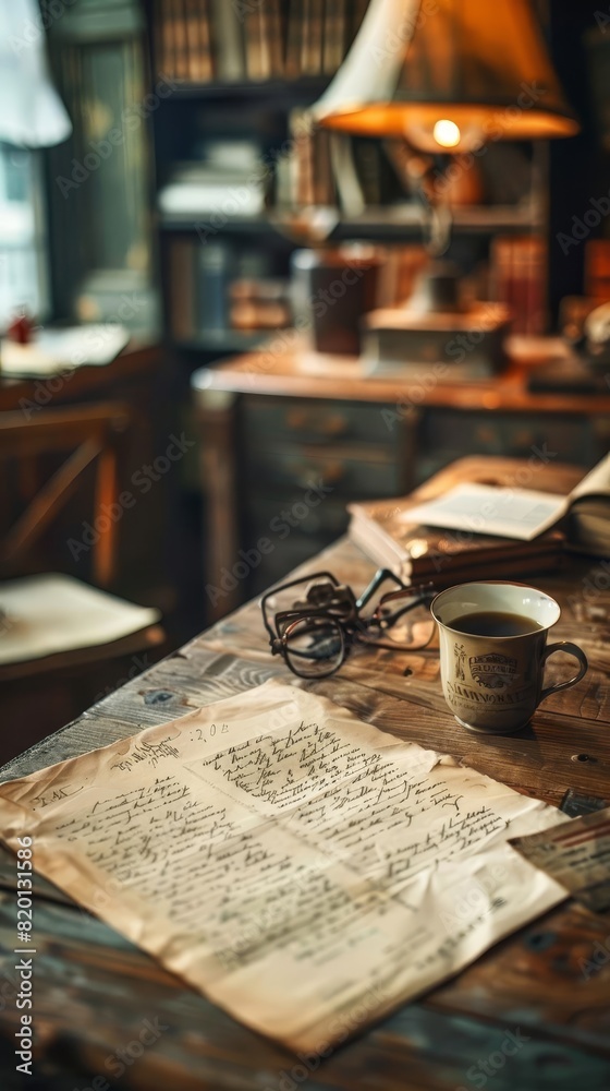 A weathered desk with a handwritten letter, spectacles, and a cup of coffee sit in the foreground of a dimly lit library.