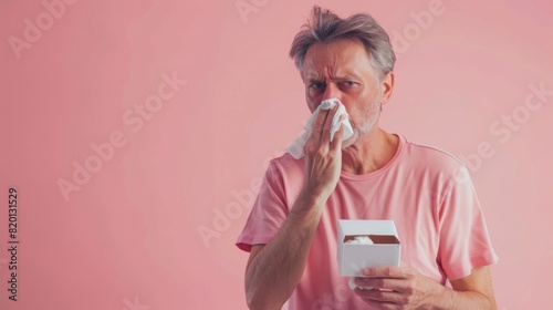 Man Blowing Nose into Tissue photo