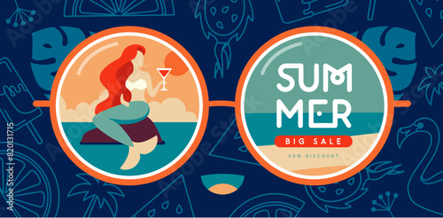 Retro flat summer big sale poster with round sunglasses silhouette, mermaid and cocktail. Vector illustration