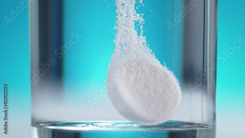 Effervescent Tablet Sinks to the Bottom of the Glass, Fizzing and Bubbling in Macro and Slow Motion on Blue Background photo