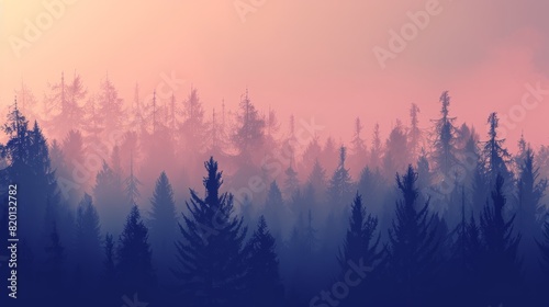 Misty landscape with fir forest in vintage retro style. Generative AI © Business Pics