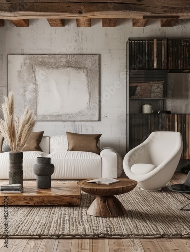 Minimalist interior design of modern living room with rustic accent pieces. Created with generative AI