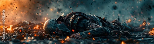A lone warrior lies defeated on the battlefield, his armor shattered and his sword broken. The once proud conqueror now lies at the mercy of his enemies. photo
