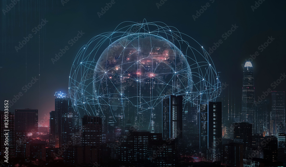 Futuristic cityscape with network connections and digital globe. Global connectivity and advanced technology.
