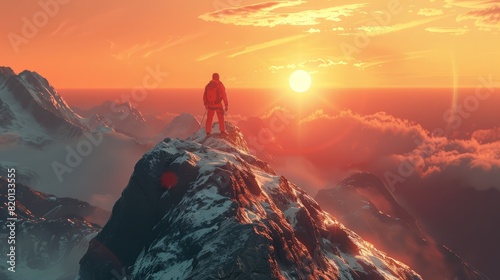 Mountain climber standing on top of mountain peak in front of sunset sun photo