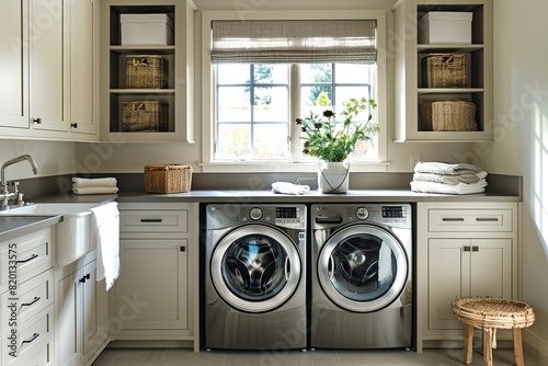 Modern Laundry Room with Stylish Organization. Home Interior Concept. Home Improvement.