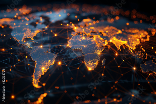 Digital world map with glowing data connections