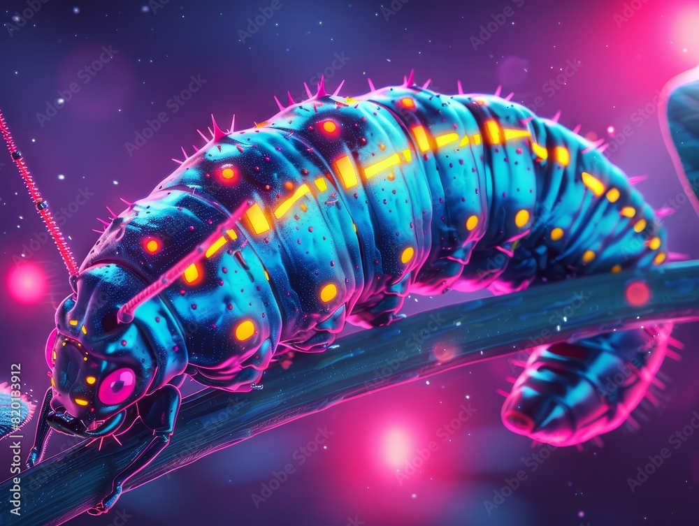 Macro shot of a caterpillar with yellow and black stripes and red dots, hanging from a plant stem, detailed and vivid Macro shot of a caterpillar with yellow and black stripes and red dots, hanging from a plant stem, detailed and vivid