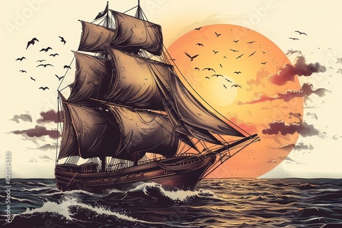 Vivid pirate ship, cartoon design, cheerful and simplified, stylized waves for a captivating kids book illustration