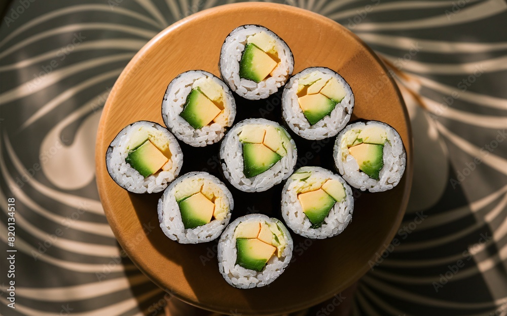 Creamy Delight: The Allure of Avocado Sushi Rolls (Avocado Maki) Top view Creamy Delight: The Allure of Avocado Sushi Rolls (Avocado Maki) Top view