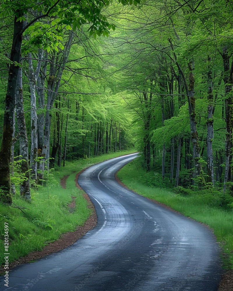 A long and winding road winds its way through a dense forest