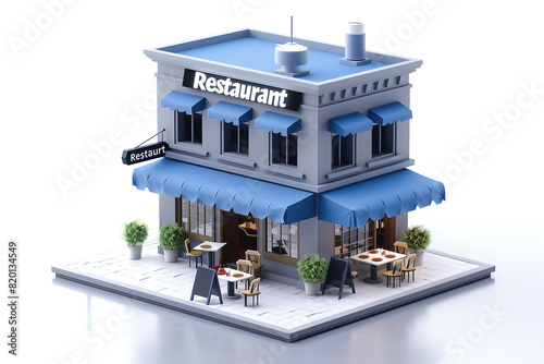 3D render modern corner restaurant with blue awnings, outdoor seating, and stylish decor, creating a welcoming and cozy atmosphere.