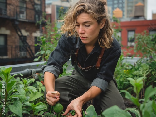 A woman is tending to a garden on a rooftop. She is wearing a black shirt and green pants