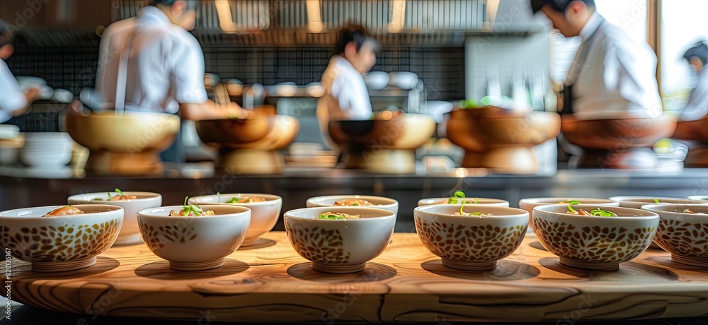 With skillful hands, a chef works to prepare a multitude of soup bowls, ensuring each one is filled with savory goodness. With skillful hands, a chef works to prepare a multitude of soup bowls, ensuring each one is filled with savory goodness.