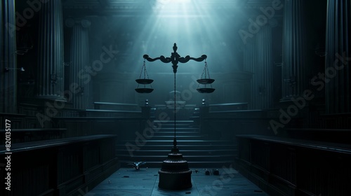 Scales of Justice in the dark Court Hall. Law concept of Judiciary, Jurisprudence and Justice. Copy space. Based on Generative AI