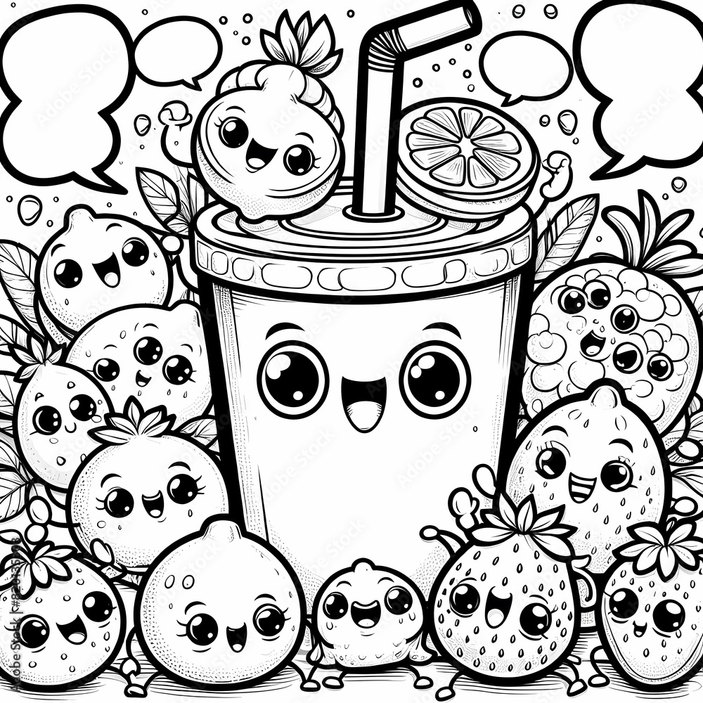 Obraz premium Cartoon Fruit Characters with Cup Coloring Page