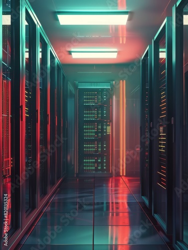 Server room data center. Backup, mining, hosting, mainframe and computer rack with storage information.