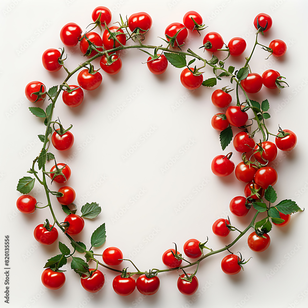 Frame of vibrant delicious ripe red cherry tomatoes, on a white background, free place fot text, for design, advertising and food packaging decoration Frame of vibrant delicious ripe red cherry tomatoes, on a white background, free place fot text, for design, advertising and food packaging decoration