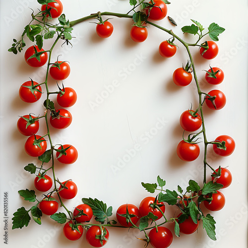 Frame of vibrant delicious ripe red cherry tomatoes, on a white background, free place fot text, for design, advertising and food packaging decoration