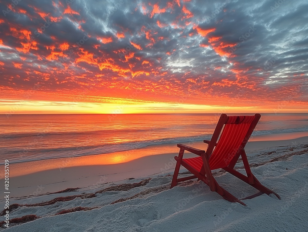 A red beach chair sits on the sand near the ocean. The sky is a beautiful orange color, and the sun is setting. The scene is peaceful and relaxing