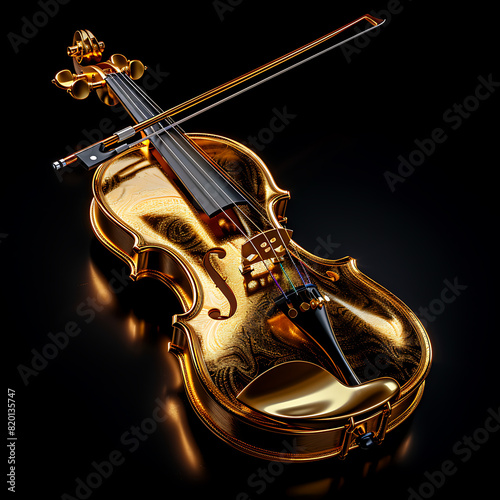 Golden violin on a black background, musical instrument, symbol of classical music