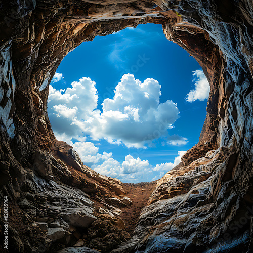 View from a deep hole in the ground up to the blue sky with clouds, unusual angle photo