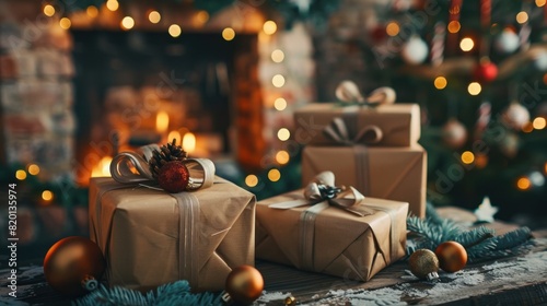 Merry Christmas and Happy Holidays! Chic wrapped Christmas gifts with ribbon on a table against a backdrop of a rustic fireplace, vintage decorations, and festive lights. photo