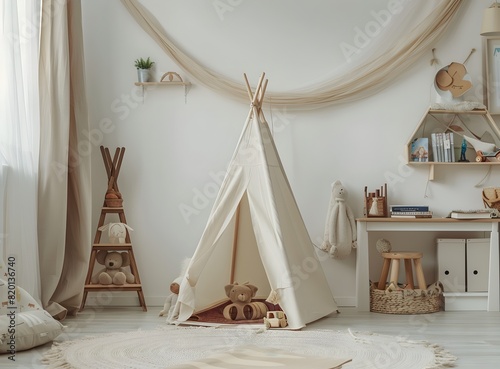 Children s room interior with teepee  desk and bookcase on white wall background