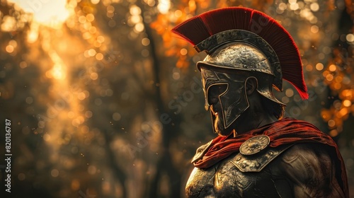 A spartan warrior stands in the forest, his armor gleaming in the sunlight. He is ready to fight for his people and protect his homeland. photo