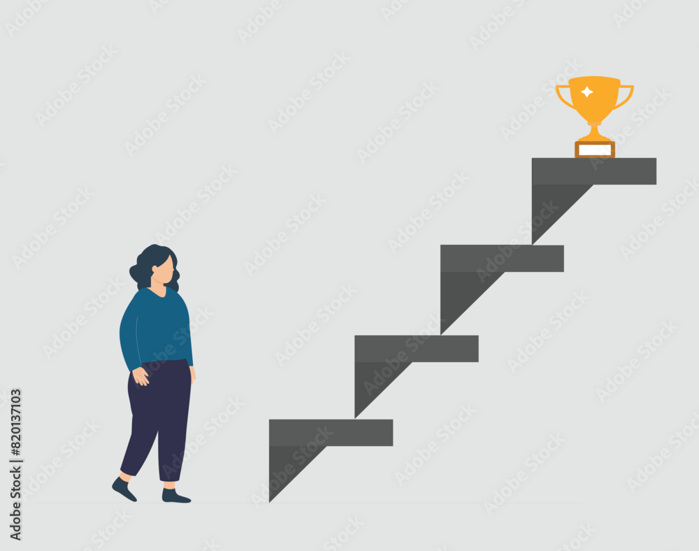 Woman goes forward in her career or occupation. Female moves by small steps in life. Person does efforts to reach her long-term business goals. Concept of women empowerment and personal development. Woman goes forward in her career or occupation. Female moves by small steps in life. Person does efforts to reach her long-term business goals. Concept of women empowerment and personal development.