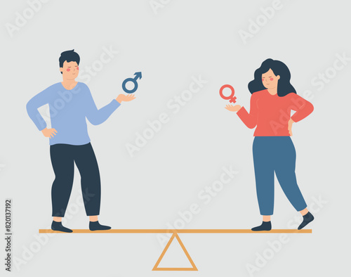 Man and woman stand face to face on a seesaw with gender symbols. Male and female balancing on a weight scale challenging each other in society. Concept of gender equality, justice and rights.