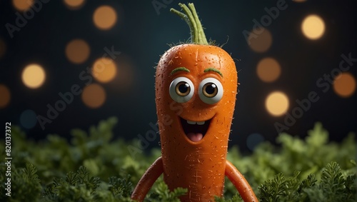 A cartoon carrot with a funny face and big eyes, with slogan Vegetable Fun,. photo