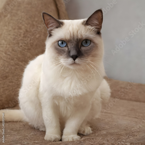 Siamese cat with blue eyes sitting on a sofa in the room