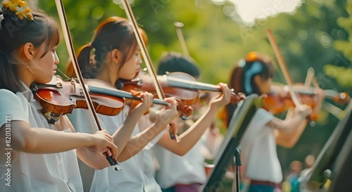 Harmonious Melodies Adolescent High Schoolers Practice Violin in Nature Setting, Cultivating Youthful Artistic Music Culture and Educational Atmosphere
