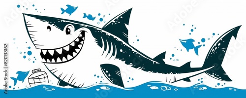 Brightly colored shark with a big smile, cartoon style, simplified and stylized, ideal for childrens book