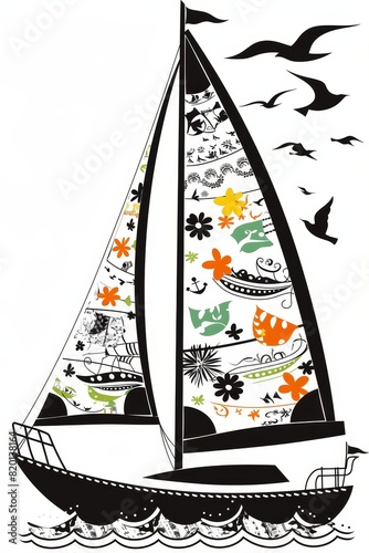 Brightly colored sailboat in cartoon style, playful waves, simplified design, ideal for a fun nursery poster
