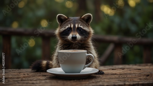 A raccoon sitting next to a coffee cup on top of wood,. photo