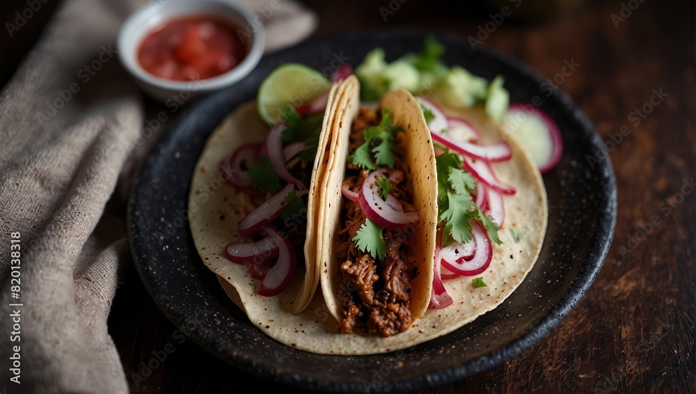 Top view of tacos with meat and pink pickled onion on a Mexican plate. Top view of tacos with meat and pink pickled onion on a Mexican plate.
