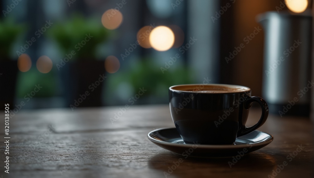 Obraz premium A cup of coffee is sitting on a table next to some pots,.