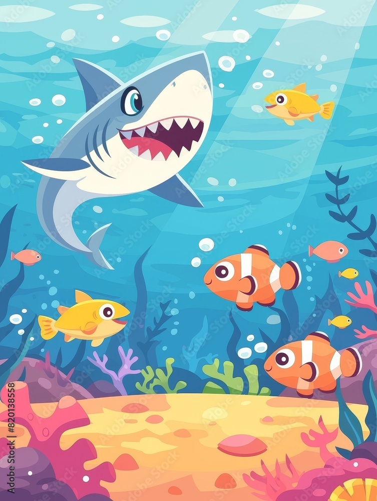 Fototapeta premium Friendly shark in pop colors, cartoon look, simplistic design for kids illustration, undersea adventure