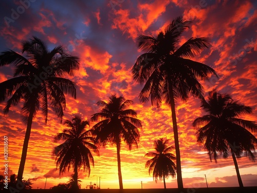 A beautiful sunset over a palm tree forest. The sky is filled with orange and pink hues  creating a warm and serene atmosphere. The palm trees are tall and majestic