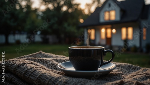 A cup of coffee on a blanket in front of the house,. photo