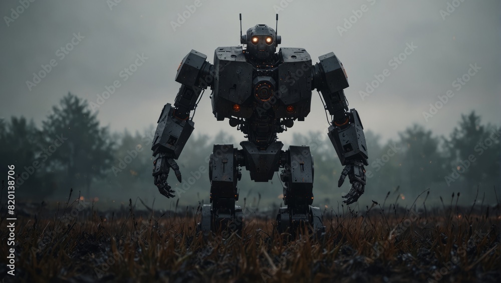 A large robot standing in the middle of a foggy field,. A large robot standing in the middle of a foggy field,.