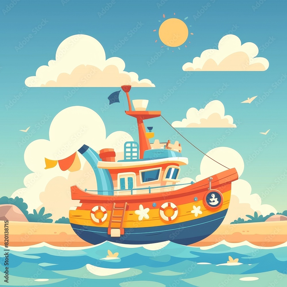 Playful cartoon yacht, bold and bright colors, simplified and stylized, ideal for a childrens animated series Playful cartoon yacht, bold and bright colors, simplified and stylized, ideal for a childrens animated series