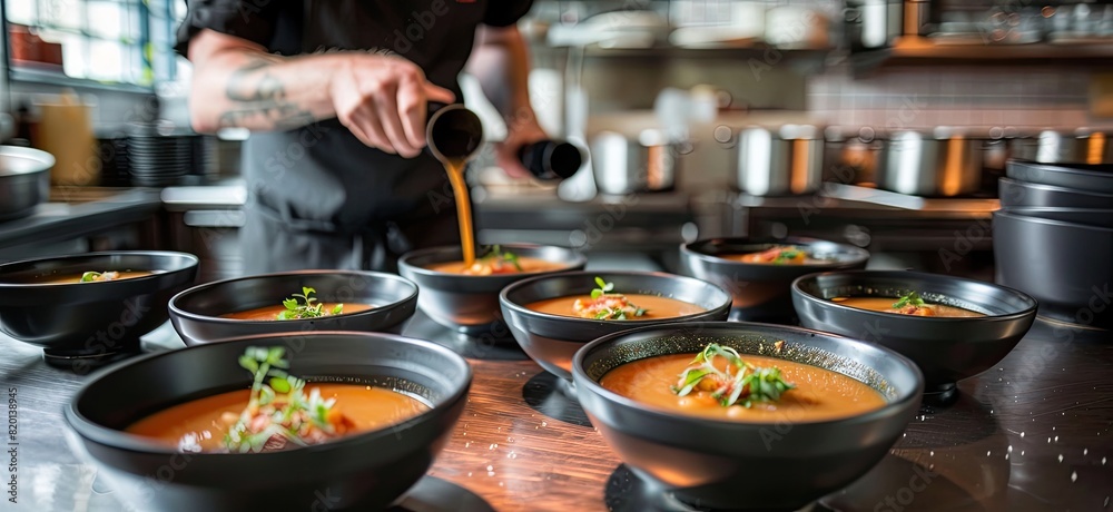 Behind the scenes, a chef is busy preparing a variety of soup bowls, showcasing culinary mastery with each carefully crafted dish.