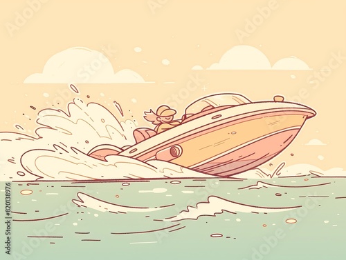 Adventurous cartoon speedboat, simplified and colorful, stylized splashy waves, engaging for young viewers