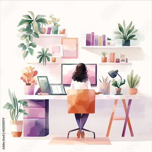 Animated style of a busy professional at a computer, vibrant office setting in the background, cartoonlike illustration