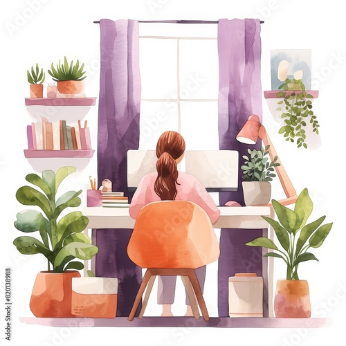Animated style of a busy professional at a computer, vibrant office setting in the background, cartoonlike illustration