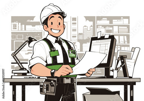 Animated worker at a computer, detailed office background, cartoon style with a light and humorous touch