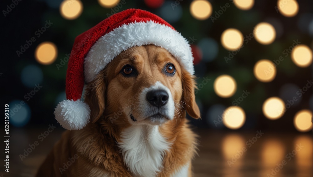 Cute little festive puppy dog wearing a Father Christmas santa hat. Cute little festive puppy dog wearing a Father Christmas santa hat.